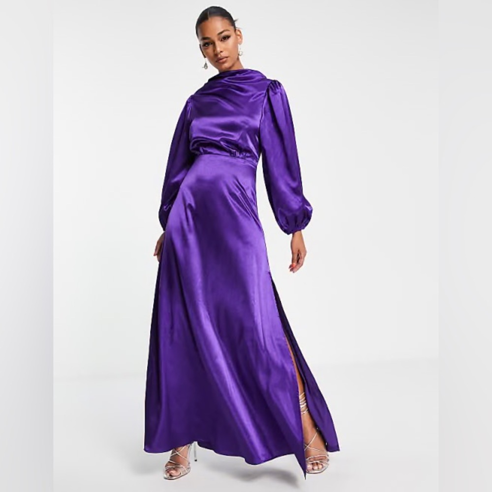 ASOS DESIGN SATIN HIGH NECK MAXI DRESS WITH BLOUSON SLEEVE IN PURPLE! New